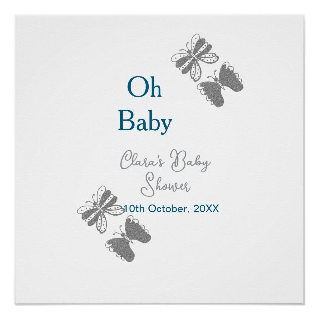 Poster Papillon gris bleu baby shower oh bébé moderne tex (Devant)