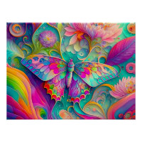 Papillon psychédélique coloré et fleurs