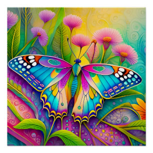 Poster Papillon Psychédélique Coloré et Fleurs Sauvages 