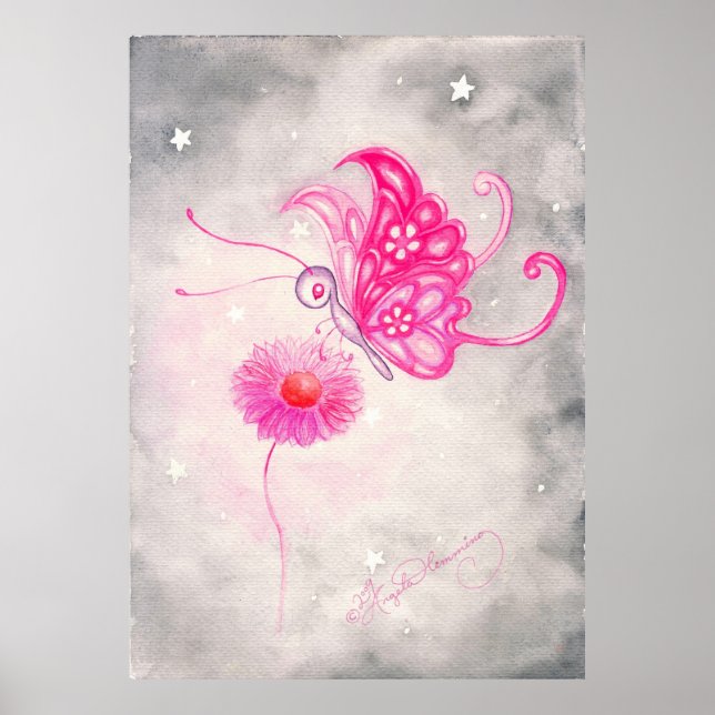 Poster Papillon rose Imaginaire sur la marguerite (Devant)