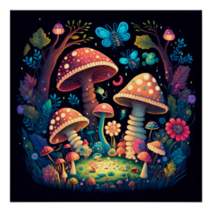 Poster Papillons aux champignons magiques