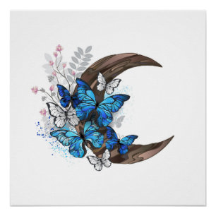 Poster Papillons bleus sur croissant en bois