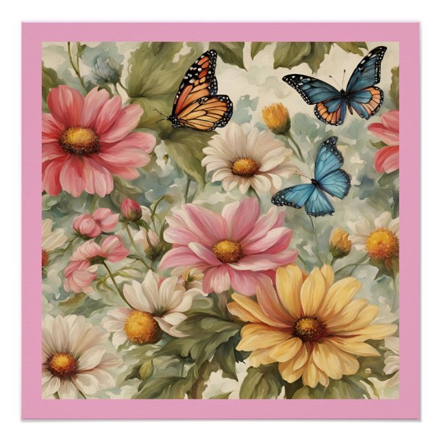 Poster Papillons et fleurs Art (Devant)
