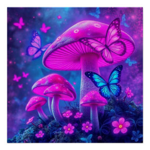 Poster Papillons, Fleurs et Champignons-