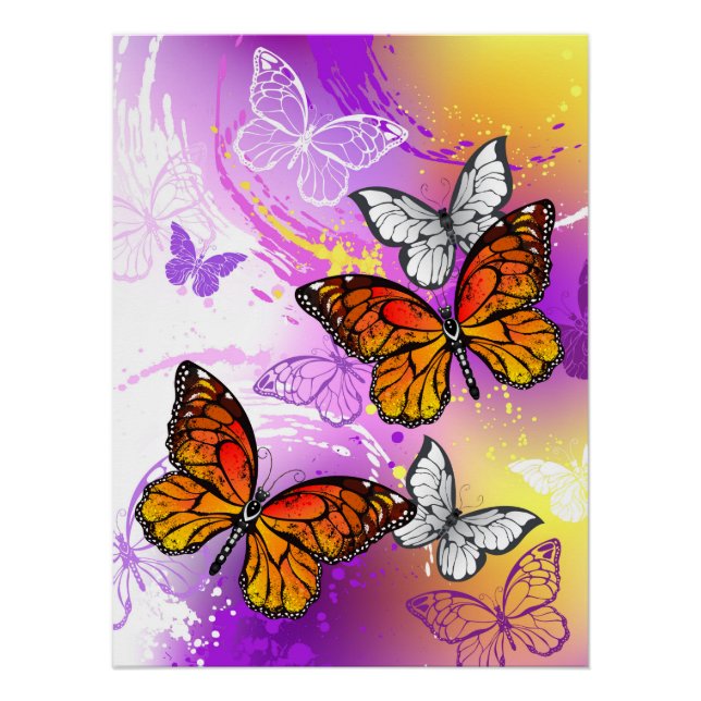 Poster Papillons Monarque sur Arrière - plan pourpre (Devant)