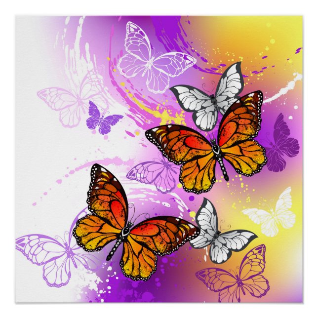 Poster Papillons monarques sur fond violet (Devant)