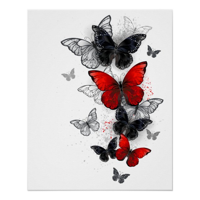 Poster Papillons noirs et rouges volants (Devant)