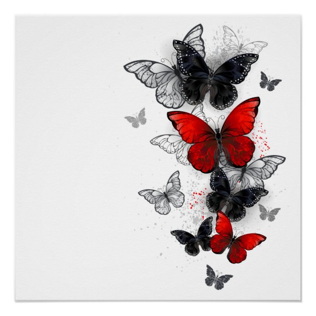 Poster Papillons noirs et rouges volants (Devant)