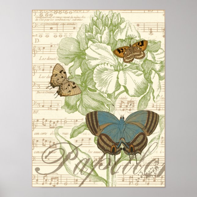 Poster Papillons sur Partition avec Design Floral (Devant)