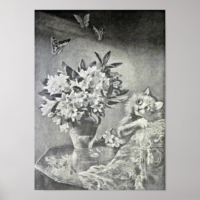 Poster Papillons, Vase à fleurs, Chat, Louis Wain (Devant)