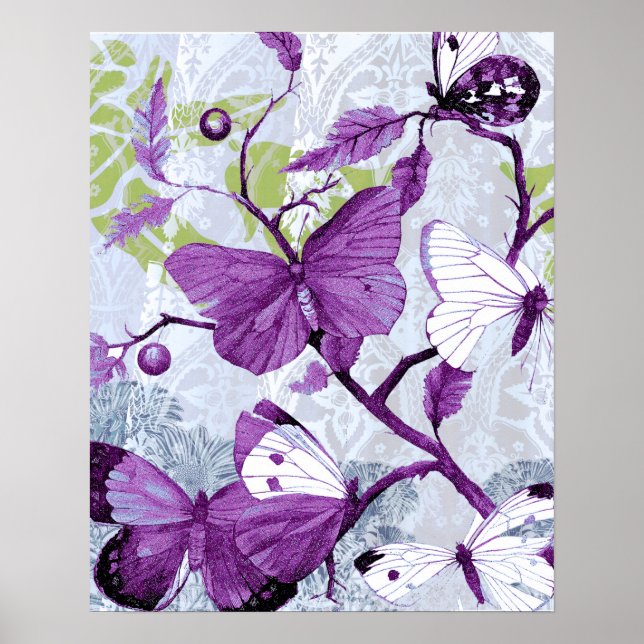 Poster Papillons violets sur une branche (Devant)