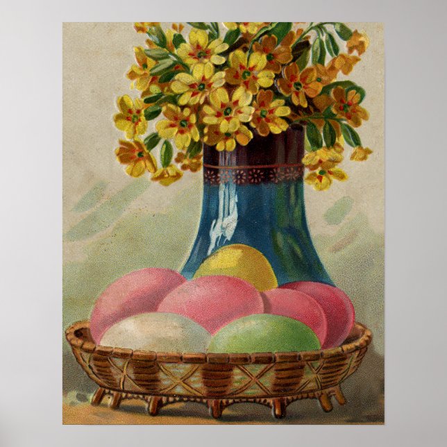 Poster Pâques Panier Œufs Fleurs Antique (Devant)