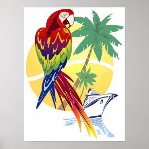 Poster Paradis tropical avec Macaw et Cruise Ship