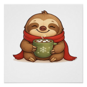 Poster Paresseux de Noël Cozy avec Chocolat Chaud � Cute
