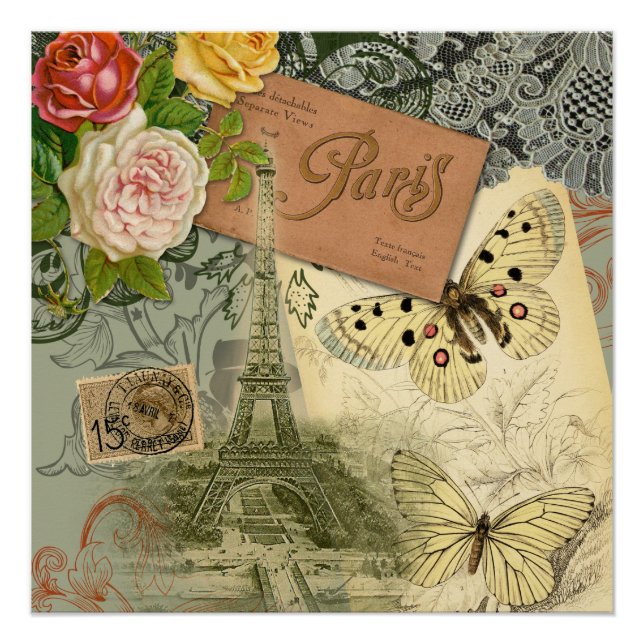 Poster Paris France Art Antique Collage Eiffel Français (Devant)