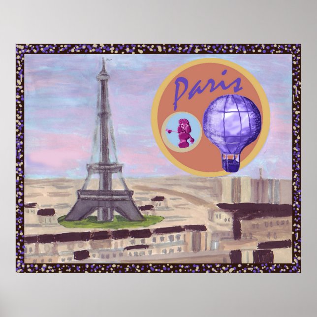Poster Paris France avec la Tour Eiffel, caniche rose et  (Devant)