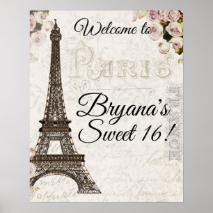 Poster Paris France Tour Eiffel Roses Roses Fuschia Chic