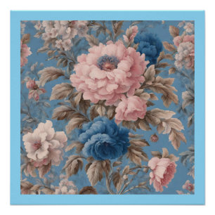 Poster Pastel Victorien Bleu Et Fleur Rose