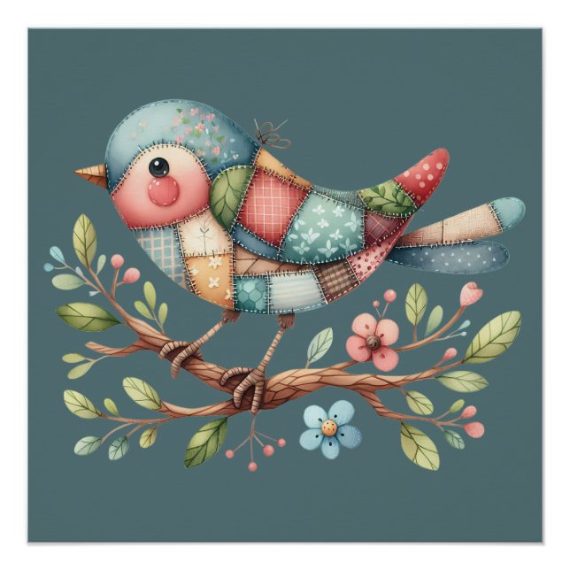Poster Patchwork Songbird on Blooming Branch (Devant)