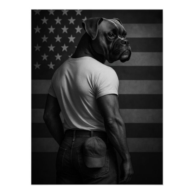 Poster Patriotic Boxer Dog American Flag Born in the USA (Devant)