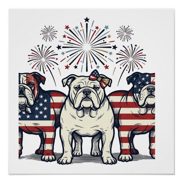 Poster Patriotic Bulldog Fireworks Vintage Engraving Desi (Devant)