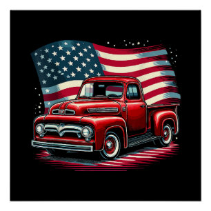 Poster Patriotic Classic Vieux Camion Pickup USA Drapeau 