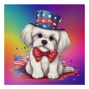 Poster Patriotique 4 juillet Blanc Chiot Mignon-43568