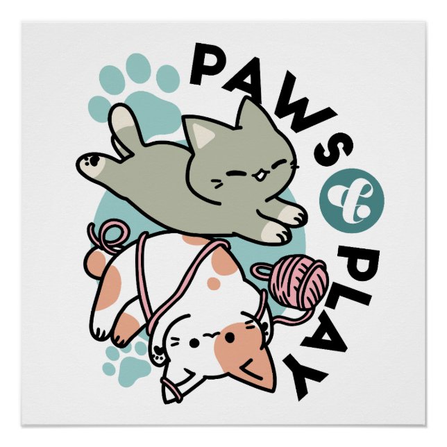 Poster Pattes et Jeux – Illustration de Chat Adorable (Devant)