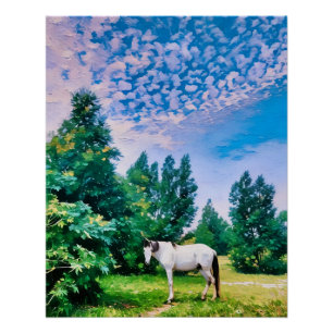 Poster Pâturage de Cheval Blanc dans Serene Green Meadow