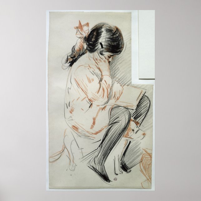 Poster Paulette Reading Assis sur son chien de jouet (Devant)