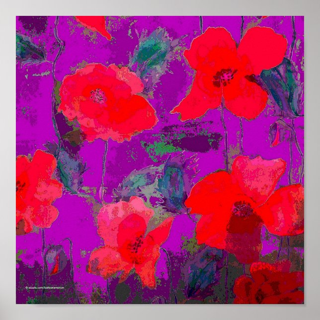 Poster pavot rouge sur arrière - plan violet (Devant)