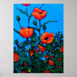 Poster Pavots rouges lumineux : Ciel bleu : Peinture à