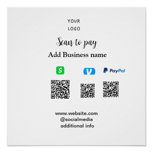 Poster Paypal Cashapp venmo scan pour payer QR ajouter en (Devant)