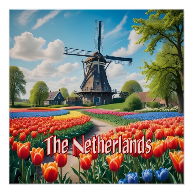 Poster Pays-Bas Windmill & Tulips (Devant)
