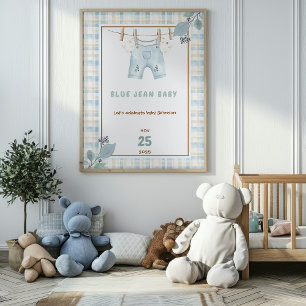 Poster Pays En vichy Blue Jean Baby shower Bienvenue