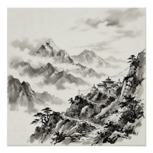 Poster Paysage à l'encre de Chine de l'Himalaya népalais