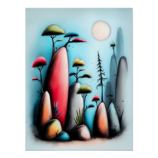 Poster Paysage abstrait avec des arbres et la lune (Devant)
