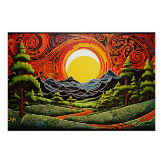 Poster Paysage Abstrait Colorful Forest Tree Sunset