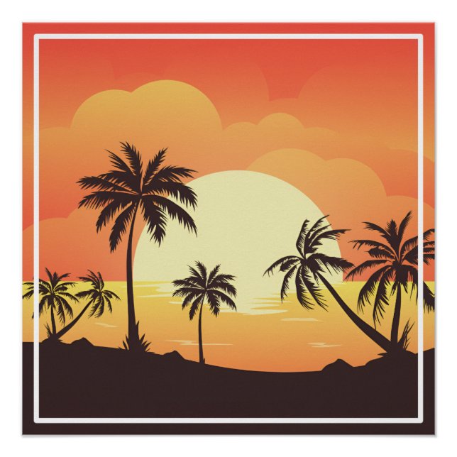 Poster Paysage au coucher du soleil avec palmiers (Devant)