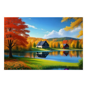 Poster Paysage avec lac, chalet et arbres-324563