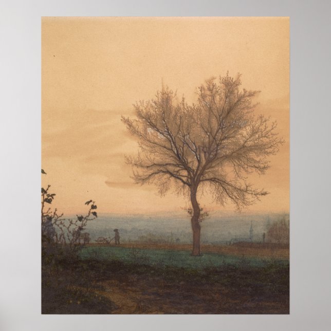 Poster Paysage avec un arbre nu et un polowman (Devant)