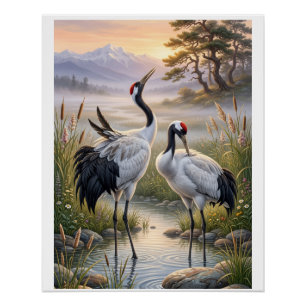Poster Paysage brumeux Grues élégantes Nature Faune Fle