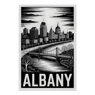 Poster Paysage d'Albany New York Noir Blanc Gravure sur B