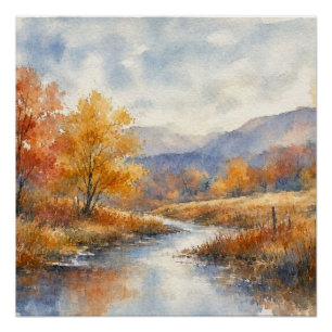 Poster Paysage d'automne Aquarelle Peinture de ruisseau s