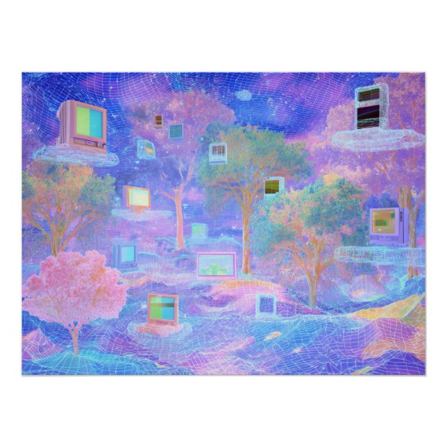 Poster Paysage de nuages Vaporwave avec fenêtres flottant (Devant)
