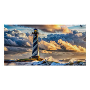 Poster Paysage de phare dramatique avec des vagues orageu