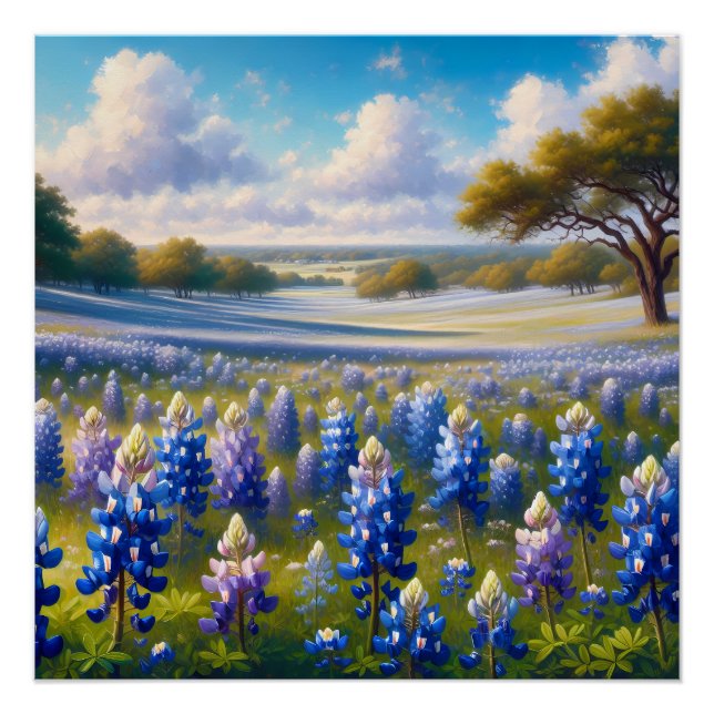 Poster Paysage de prairie aux bleuets du Texas (Devant)