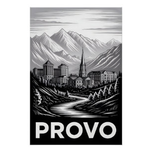 Poster Paysage de Provo Utah Noir Blanc Gravure sur Bois