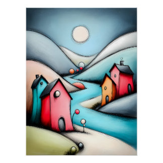Poster Paysage de village féerique avec lune brillante