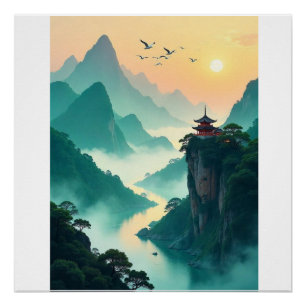 Poster Paysage du temple de la montagne Misty - Nat asiat